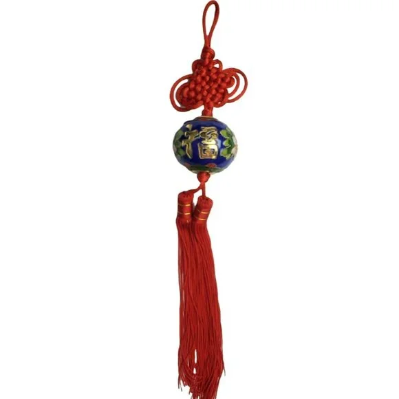 Chinese Ornament Cloisonne Enamel Ball Good Fortune Red Knots Tassel Flower Gold - Picture 7 of 9